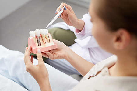 A dental professional holding up a model tooth with a drill, examining it closely.