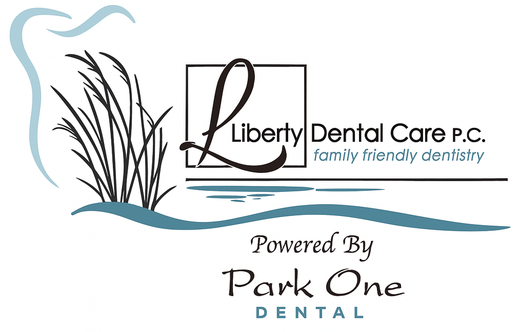 The image shows a logo with text that reads Liberty Dental Care PC followed by a tagline Family Friendly Dentistry. Below the main text, there s a graphic of a stylized watermark with reeds and a small body of water, and a logo for Park One Dental. The background is white, and the image appears to be a digital graphic or banner.